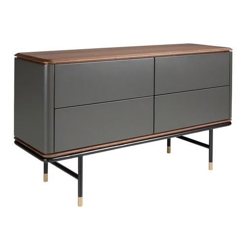 Chest of drawers in dark grey matte wood, black steel and walnut top