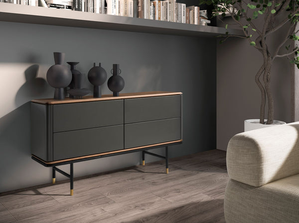 Chest of drawers in dark grey matte wood, black steel and walnut top
