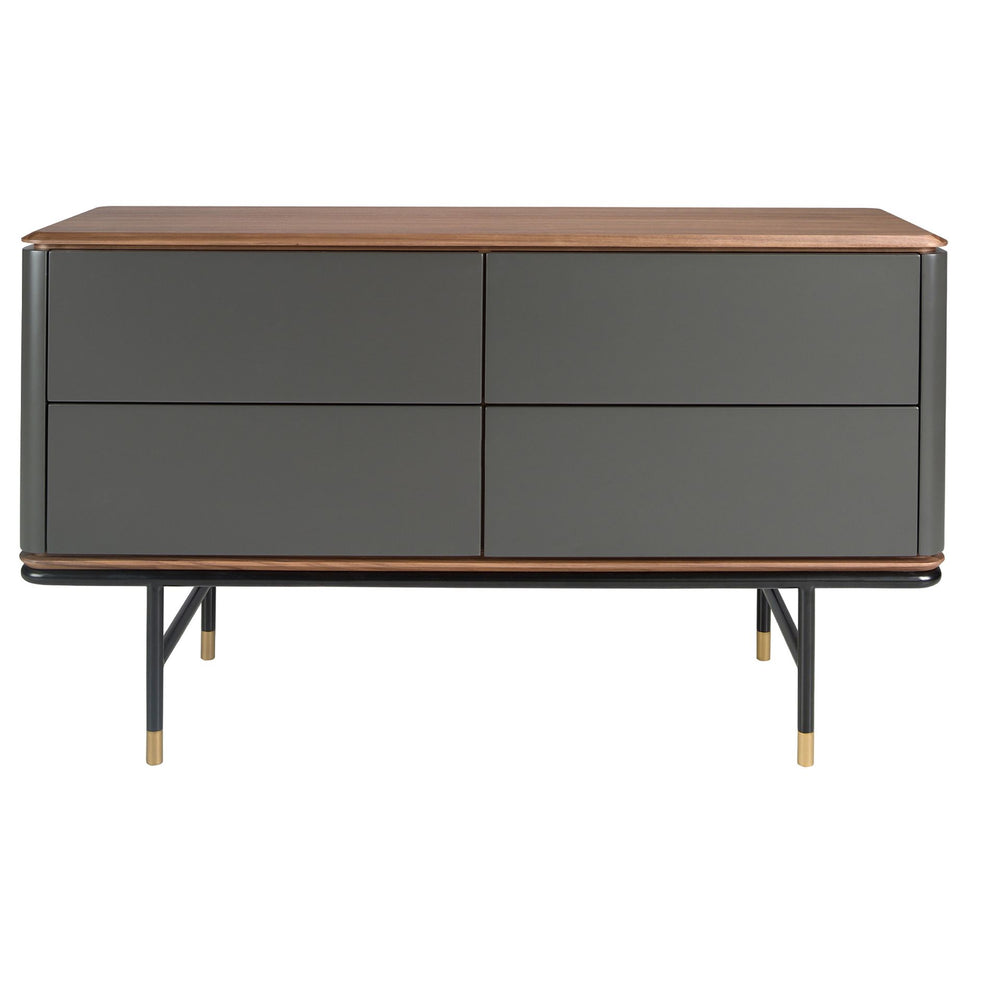 Chest of drawers in dark grey matte wood, black steel and walnut top