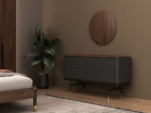 Chest of drawers in dark grey matte wood, black steel and walnut top