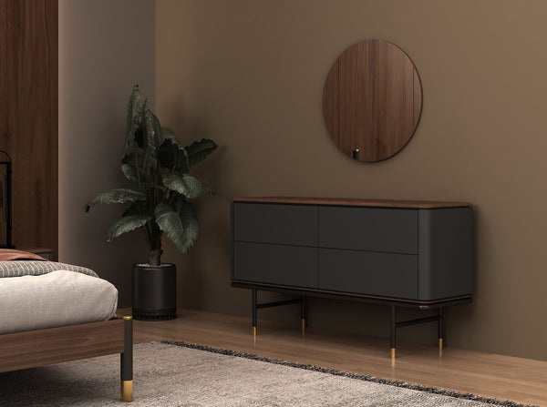 Chest of drawers in dark grey matte wood, black steel and walnut top