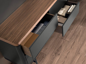 Chest of drawers in dark grey matte wood, black steel and walnut top