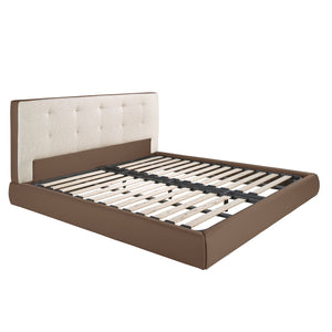 Bed upholstered in brown fabric and brown synthetic leather
