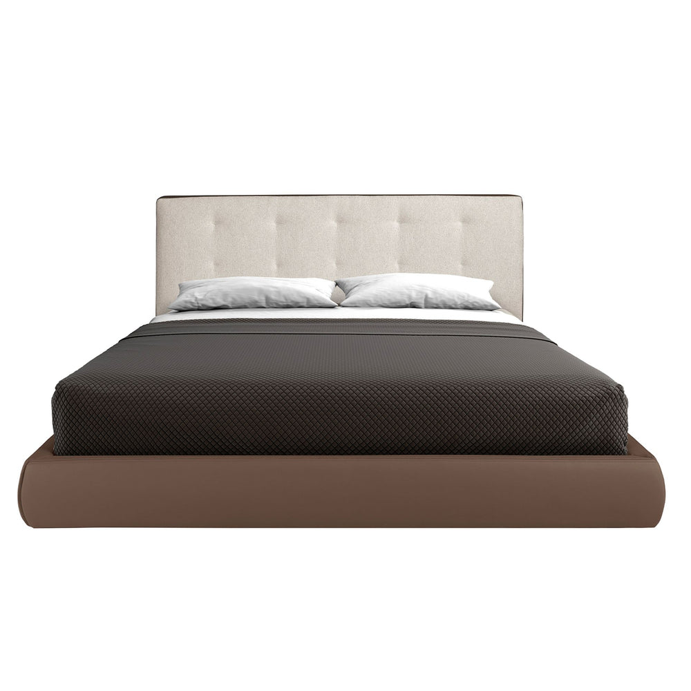 Bed upholstered in brown fabric and brown synthetic leather