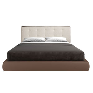 Bed upholstered in brown fabric and brown synthetic leather