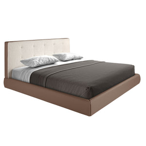 Bed upholstered in brown fabric and brown synthetic leather