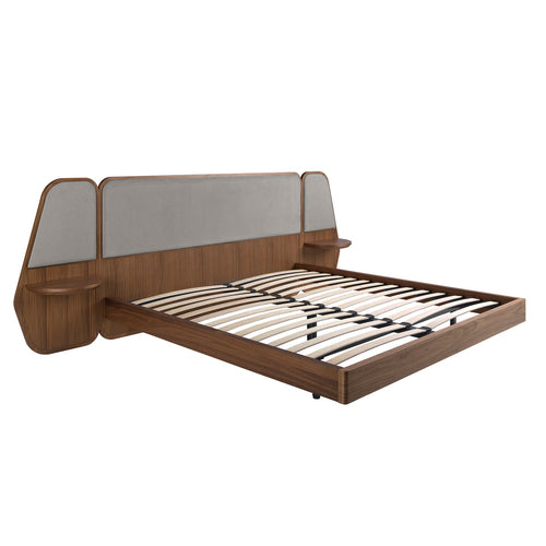 Bed in walnut and gray fabric