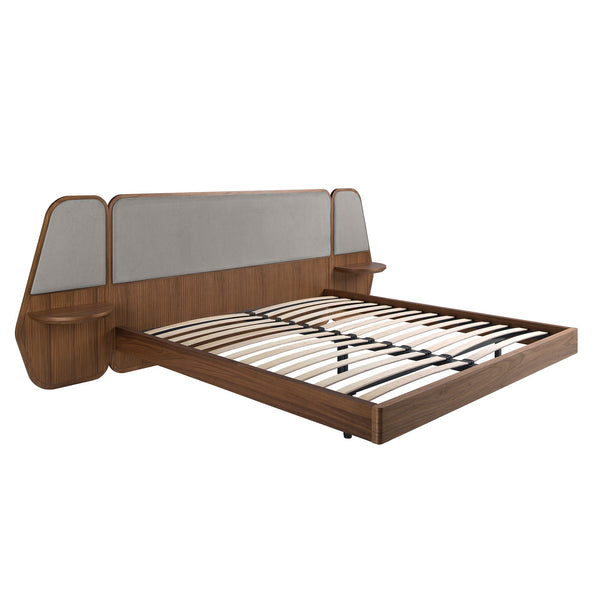 Bed in walnut and gray fabric