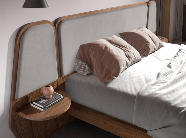 Bed in walnut and gray fabric