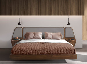 Bed in walnut and gray fabric