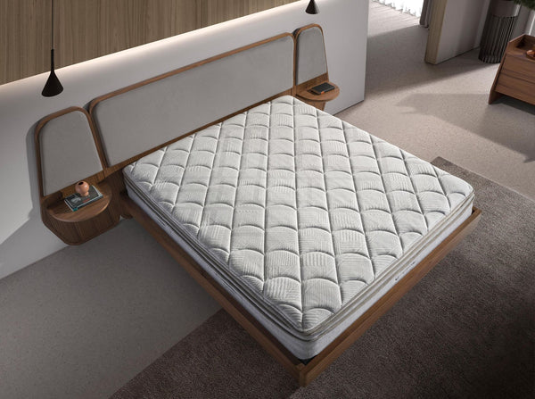 Bed in walnut and gray fabric