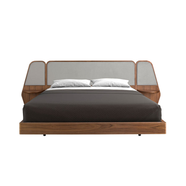 Bed in walnut and gray fabric