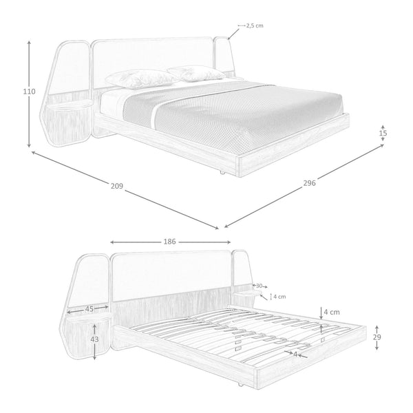 Bed in walnut and gray fabric