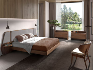 Bed in walnut and gray fabric
