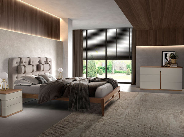 Tufted bed in gray fabric