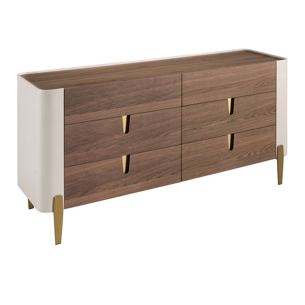 Beige wood dresser, gold polished steel and walnut top