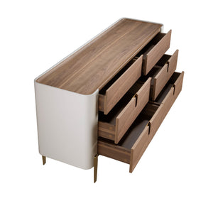 Beige wood dresser, gold polished steel and walnut top