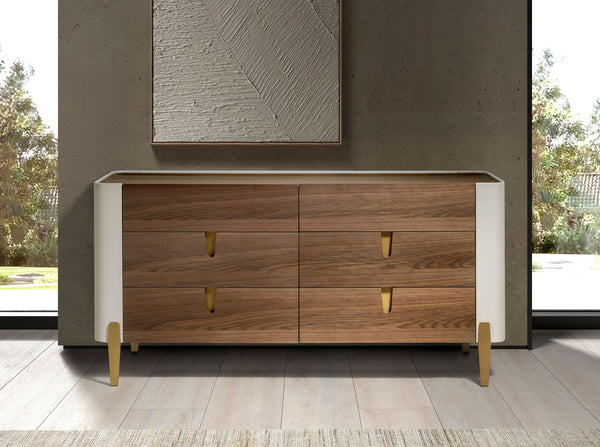 Beige wood dresser, gold polished steel and walnut top