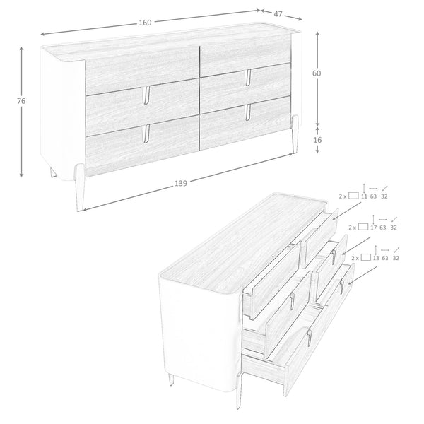 Beige wood dresser, gold polished steel and walnut top