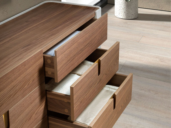 Beige wood dresser, gold polished steel and walnut top