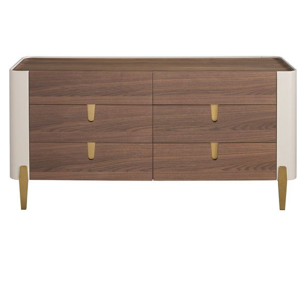 Beige wood dresser, gold polished steel and walnut top
