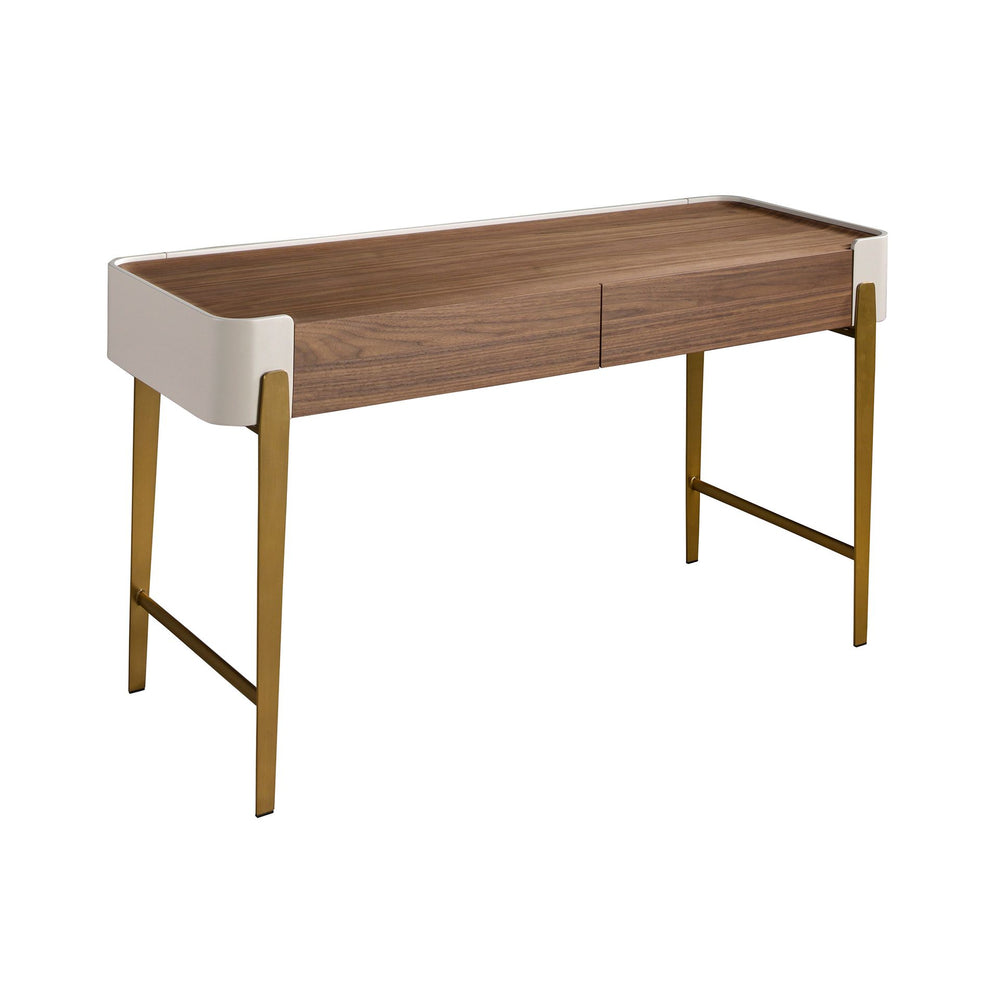 Desk in walnut, beige and gold polished steel