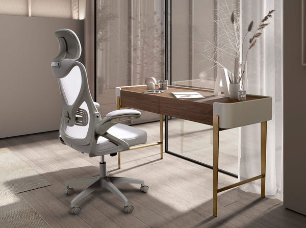 Desk in walnut, beige and gold polished steel