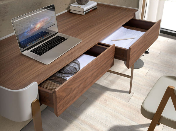 Desk in walnut, beige and gold polished steel