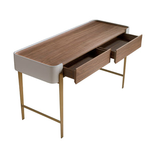 Desk in walnut, beige and gold polished steel