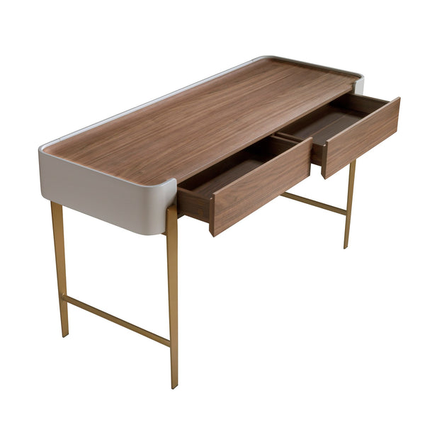 Desk in walnut, beige and gold polished steel