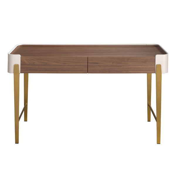 Desk in walnut, beige and gold polished steel