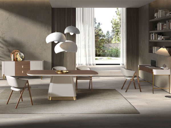 Desk in walnut, beige and gold polished steel