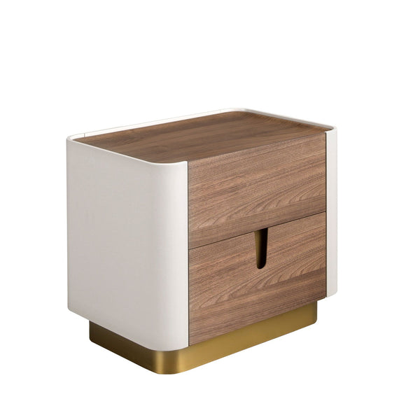 Bedside table in walnut, beige, gold polished steel and walnut top