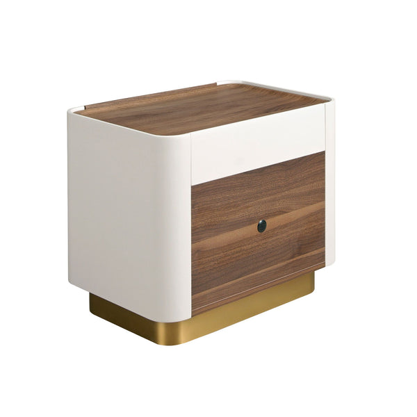 Bedside table in walnut, beige, gold polished steel and walnut top