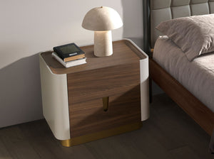 Bedside table in walnut, beige, gold polished steel and walnut top