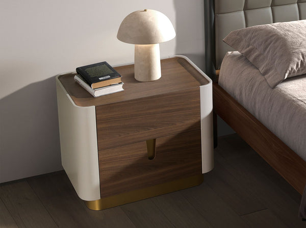 Bedside table in walnut, beige, gold polished steel and walnut top