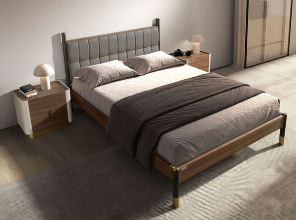 Bedside table in walnut, beige, gold polished steel and walnut top