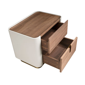 Bedside table in walnut, beige, gold polished steel and walnut top