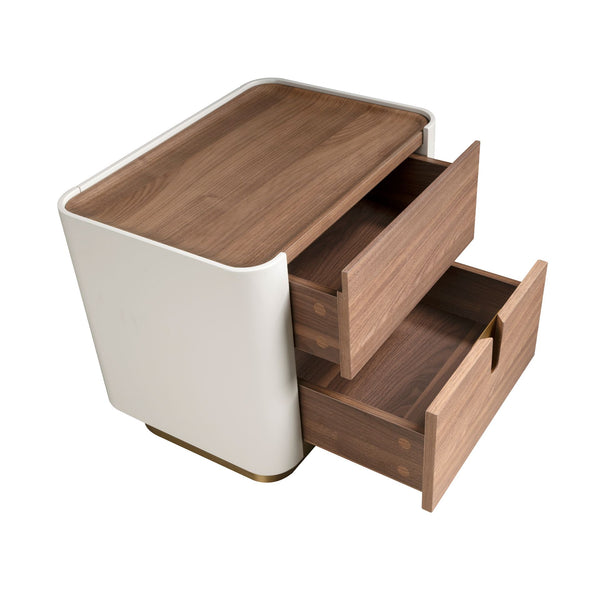 Bedside table in walnut, beige, gold polished steel and walnut top