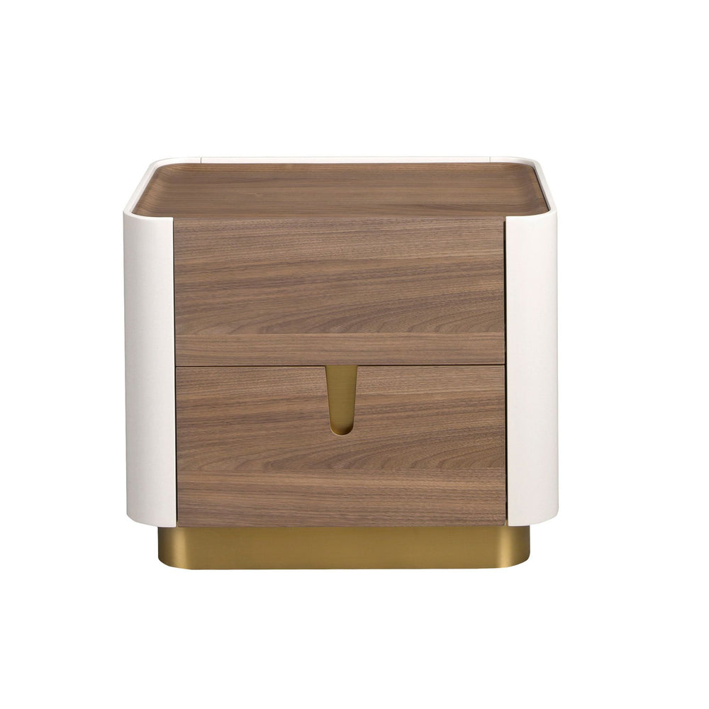 Bedside table in walnut, beige, gold polished steel and walnut top