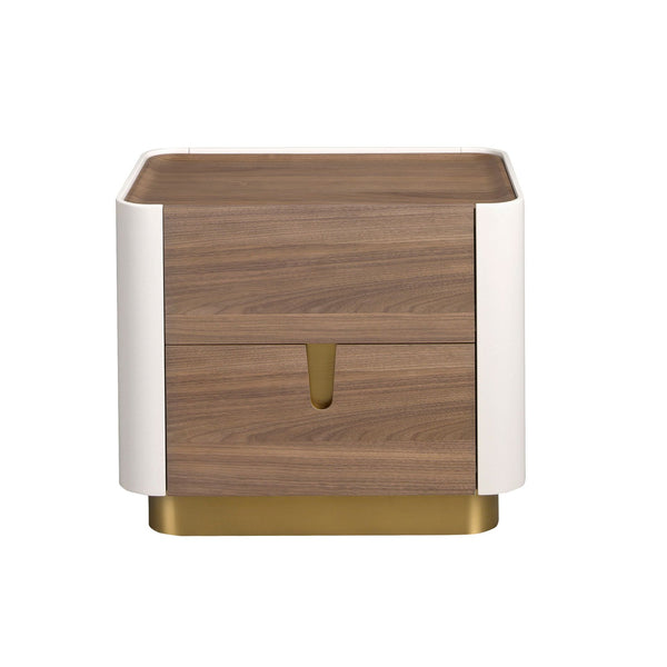 Bedside table in walnut, beige, gold polished steel and walnut top