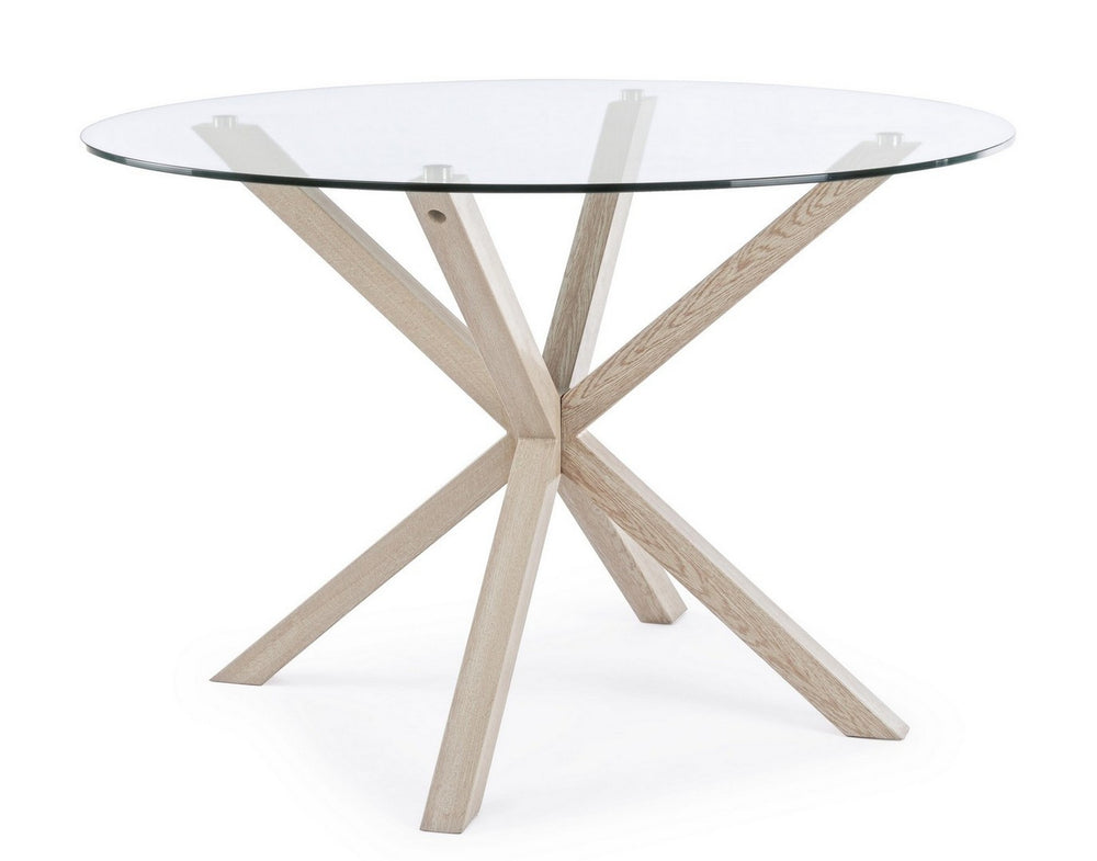 Round Dining Table Ø114 cm Glass Top with Natural Wood Legs