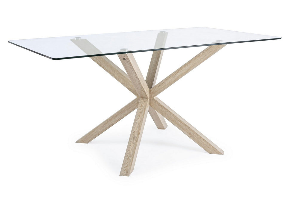 Rectangular Dining Table 160 cm Glass Top with Natural Wood Legs