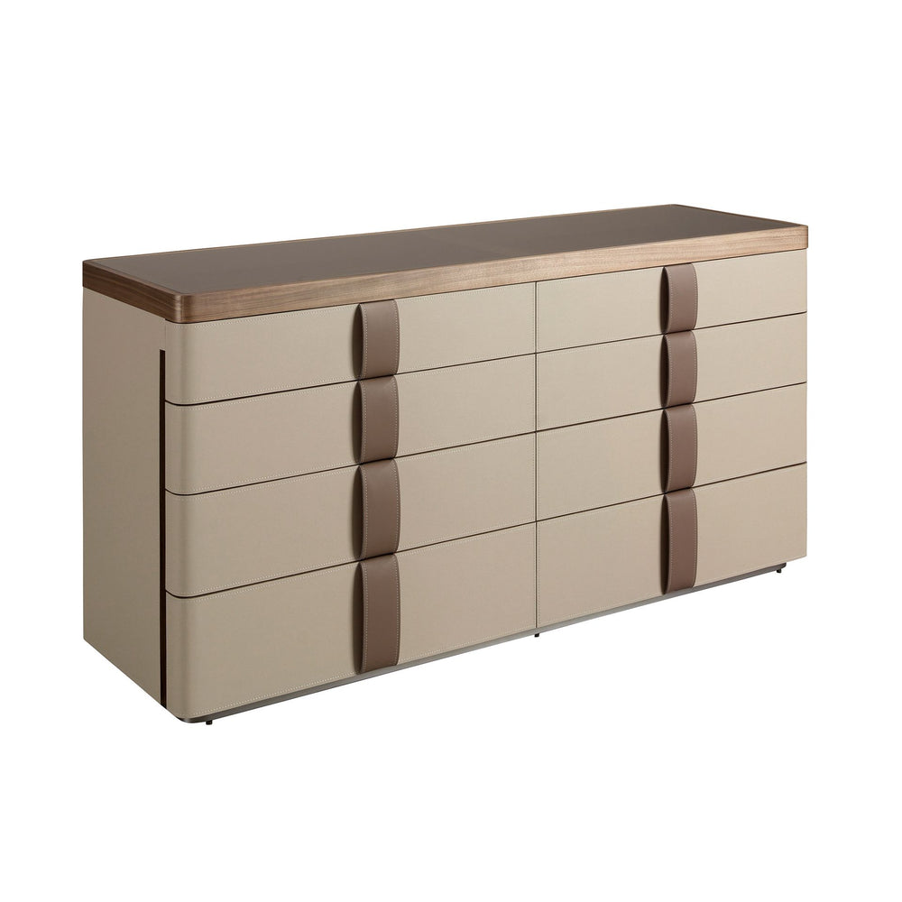 Chest of drawers in leather, walnut, polished steel base and smoked brown glass top