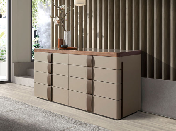 Chest of drawers in leather, walnut, polished steel base and smoked brown glass top