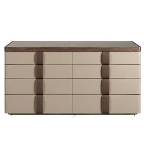 Chest of drawers in leather, walnut, polished steel base and smoked brown glass top
