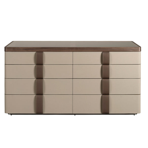 Chest of drawers in leather, walnut, polished steel base and smoked brown glass top