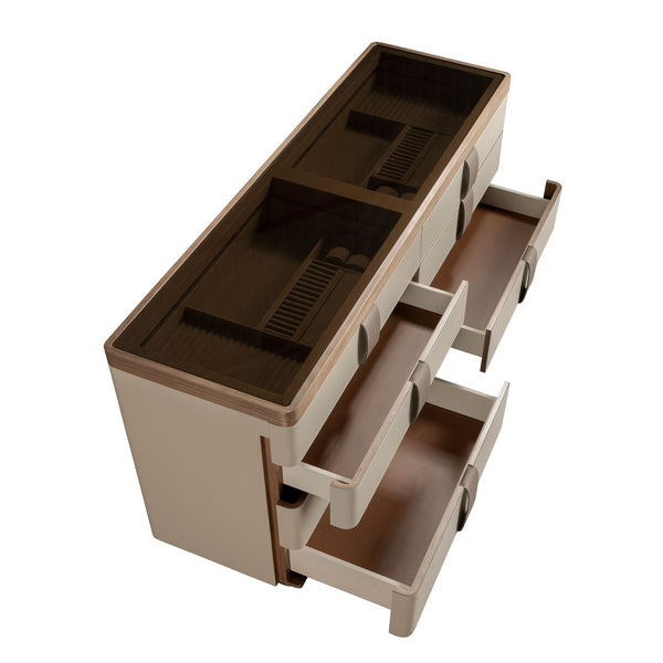 Chest of drawers in leather, walnut, polished steel base and smoked brown glass top
