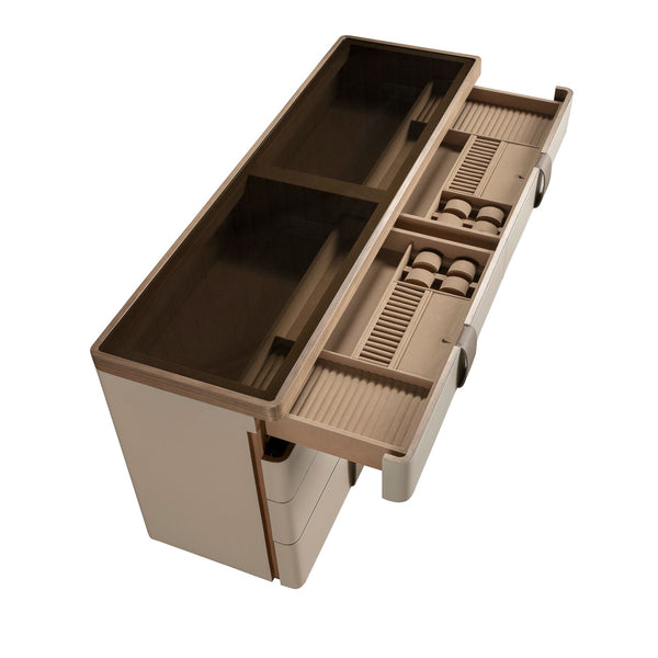 Chest of drawers in leather, walnut, polished steel base and smoked brown glass top