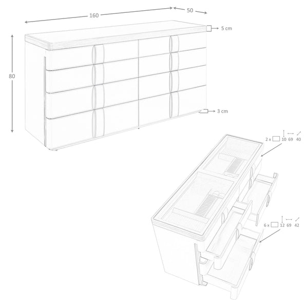 Chest of drawers in leather, walnut, polished steel base and smoked brown glass top